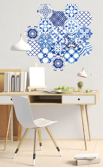 Fresque Carreaux de Composition Hexa Bleus