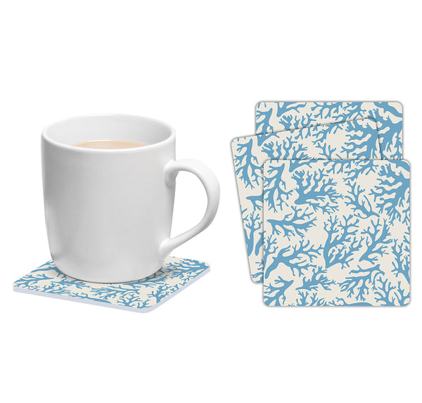 Set of 6 blue Coral square coasters