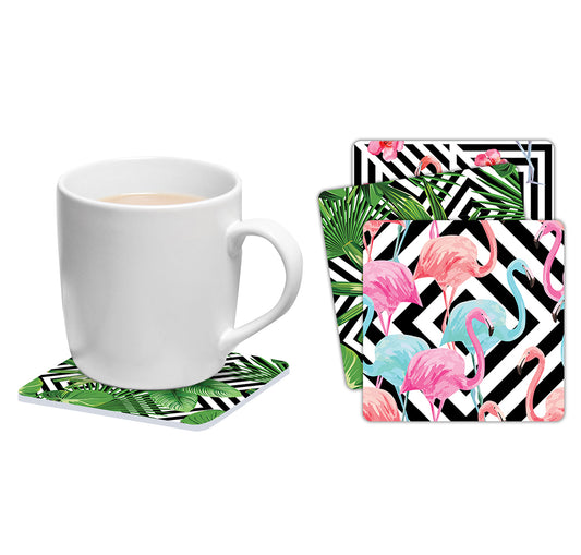 Set of 6 square coasters Flamingos and palm trees