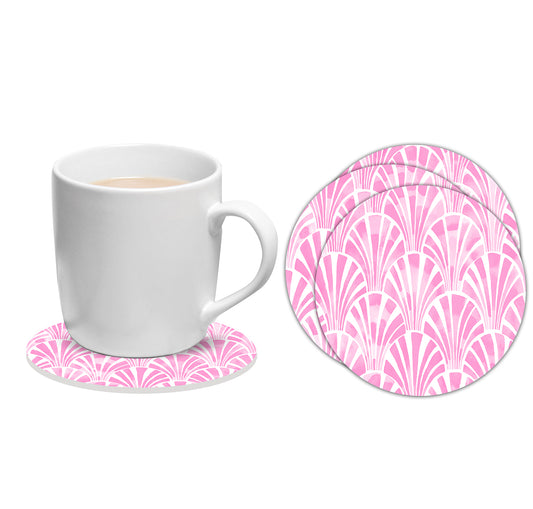 Set of 6 pink Art-deco round coasters