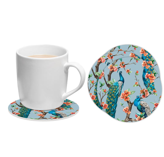 Set of 6 round coasters Peacocks 2