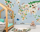 Children's world map - light blue - adhesive vinyl textile mural