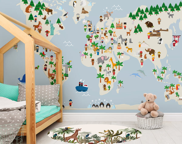 Children's world map - light blue - adhesive vinyl textile mural